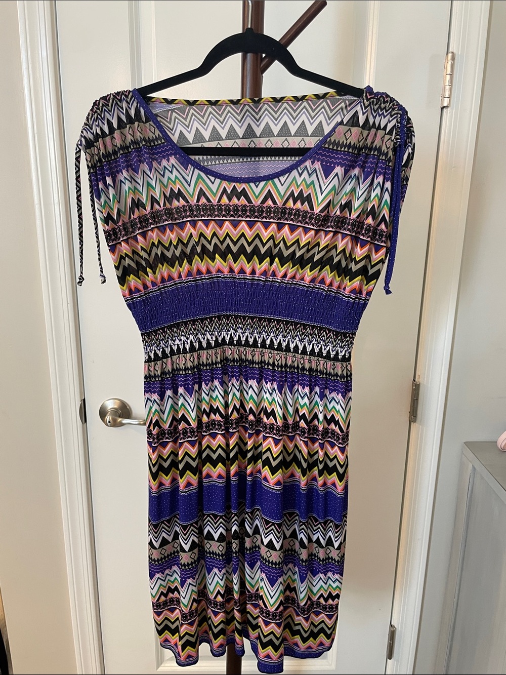Multicolor Zigzag Midi Dress with Purple Accents
